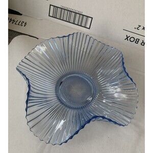 VTG Mermaid Folded Tail Blue Opalescent Glass Dish/Candy Dish 9 1/2" Diameter